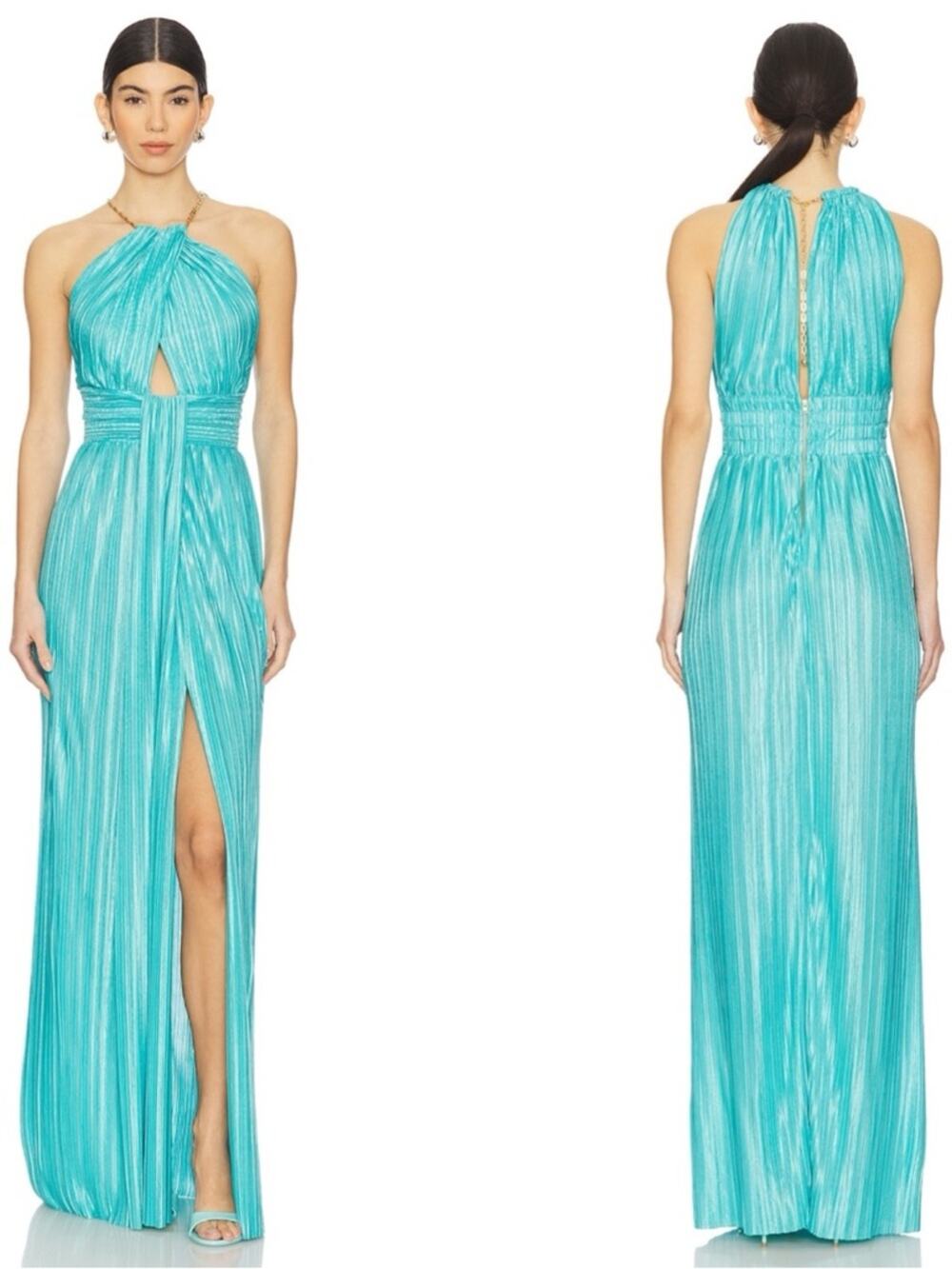 SABINA MUSAYEV Sophia Pleated Gold Chain Halterneck Turquoise Maxi Dress Size XS